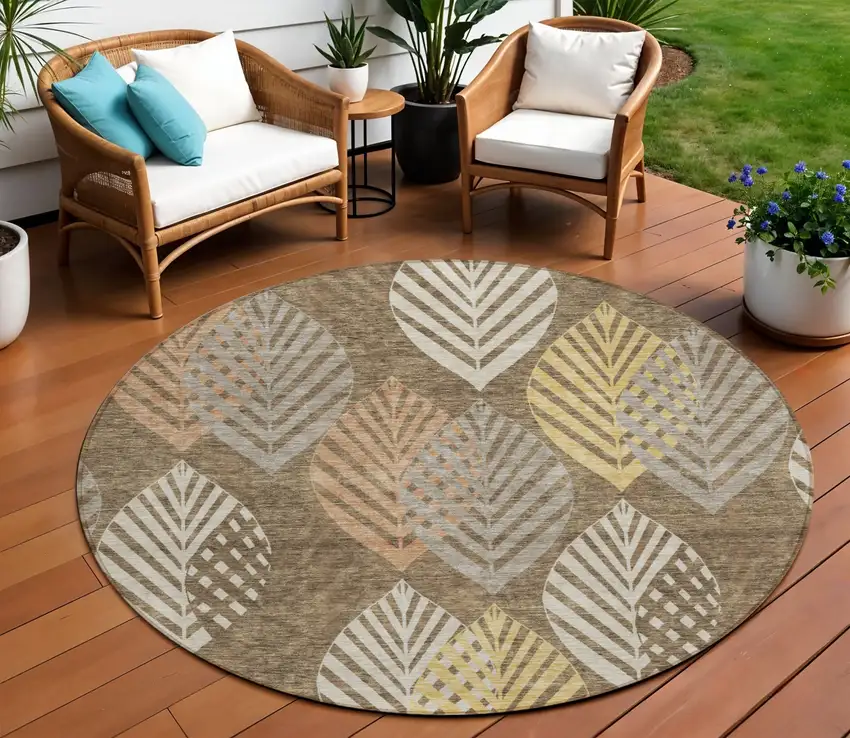 8' Chocolate Beige And Gray Round Floral Washable Indoor Outdoor Area Rug Photo 1