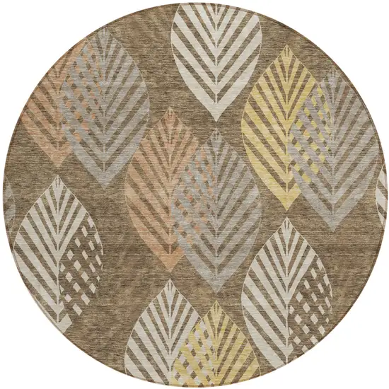 8' Chocolate Beige And Gray Round Floral Washable Indoor Outdoor Area Rug Photo 1