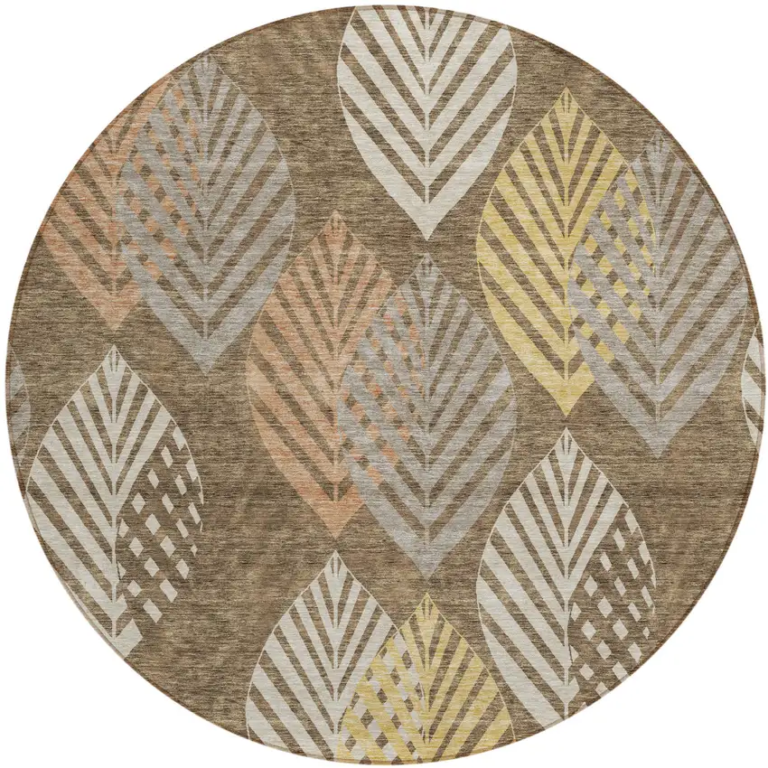 8' Chocolate Beige And Gray Round Floral Washable Indoor Outdoor Area Rug Photo 1