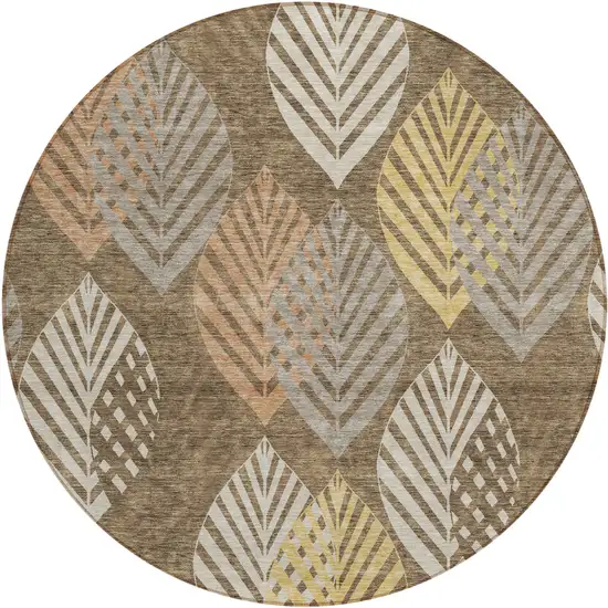 8' Chocolate Beige And Gray Round Floral Washable Indoor Outdoor Area Rug Photo 1
