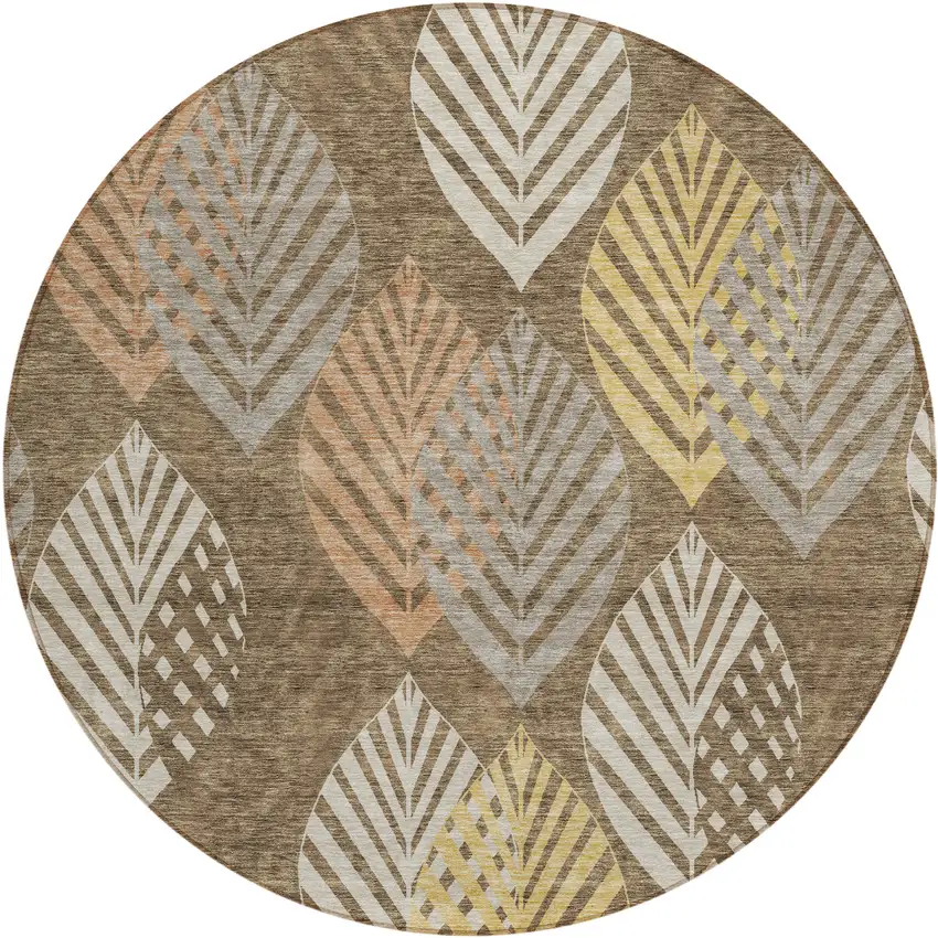 8' Chocolate Beige And Gray Round Floral Washable Indoor Outdoor Area Rug Photo 1