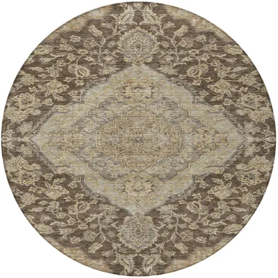 8' Chocolate Beige And Gray Round Oriental Washable Indoor Outdoor Area Rug Photo 5