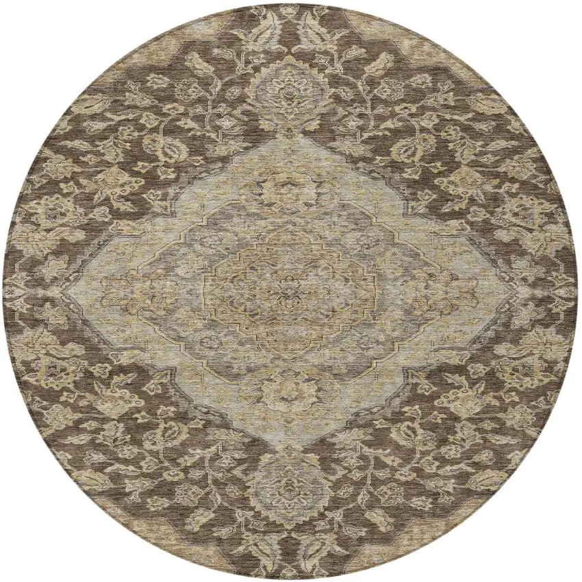 8' Chocolate Beige And Gray Round Oriental Washable Indoor Outdoor Area Rug Photo 5