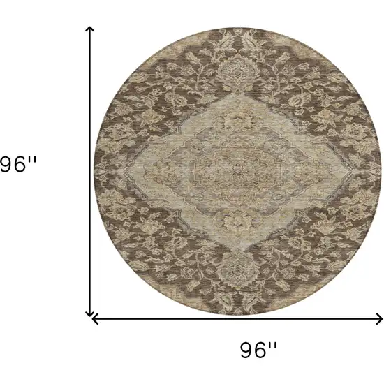 8' Chocolate Beige And Gray Round Oriental Washable Indoor Outdoor Area Rug Photo 8