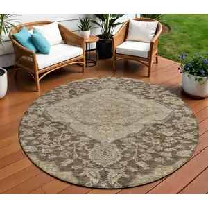 Photo of 8' Chocolate Beige And Gray Round Oriental Washable Indoor Outdoor Area Rug