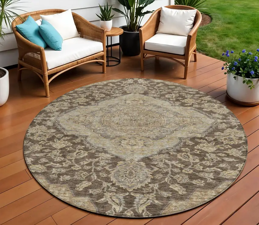 8' Chocolate Beige And Gray Round Oriental Washable Indoor Outdoor Area Rug Photo 1