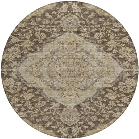 8' Chocolate Beige And Gray Round Oriental Washable Indoor Outdoor Area Rug Photo 2