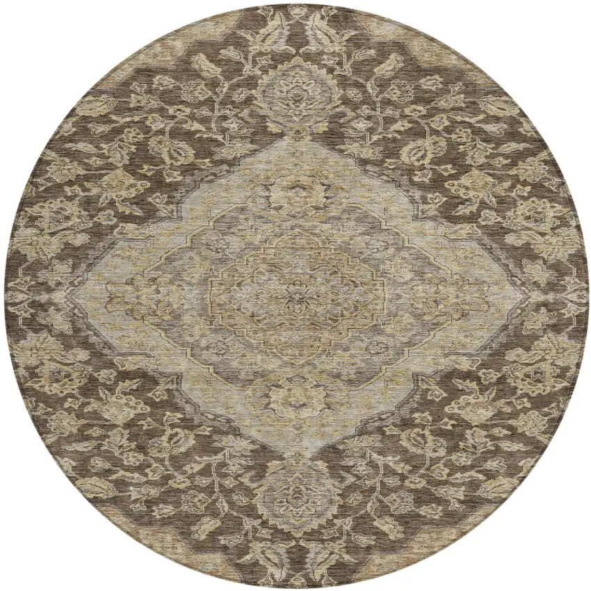 8' Chocolate Beige And Gray Round Oriental Washable Indoor Outdoor Area Rug Photo 2