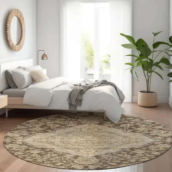 8' Chocolate Beige And Gray Round Oriental Washable Indoor Outdoor Area Rug Photo 7
