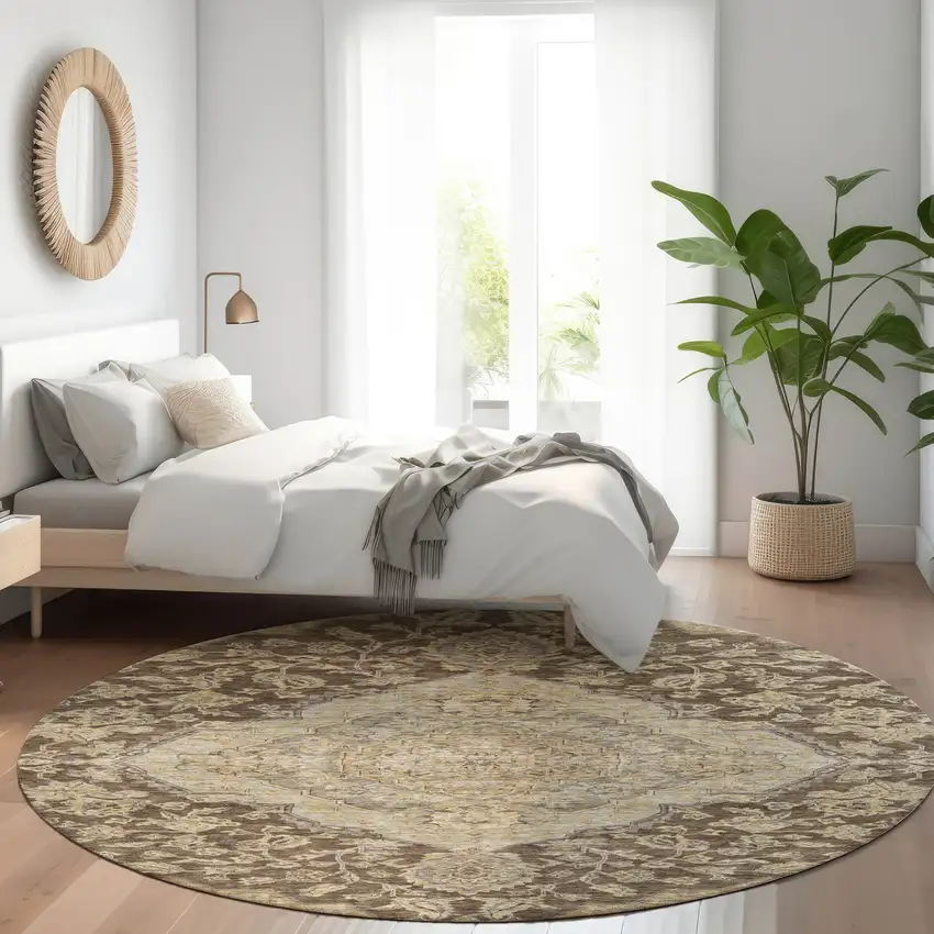 8' Chocolate Beige And Gray Round Oriental Washable Indoor Outdoor Area Rug Photo 7