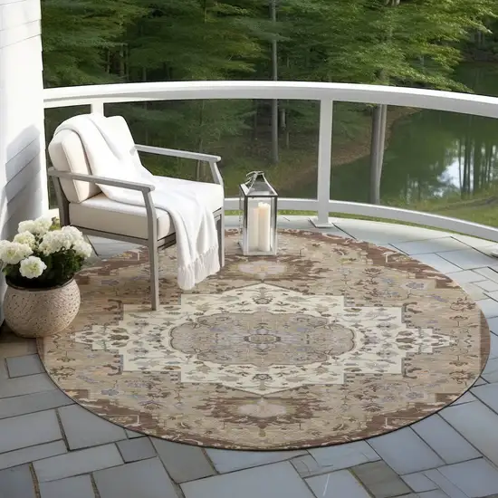 8' Chocolate Beige And Gray Round Oriental Washable Indoor Outdoor Area Rug Photo 7