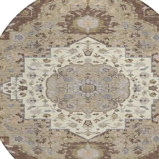 8' Chocolate Beige And Gray Round Oriental Washable Indoor Outdoor Area Rug Photo 5