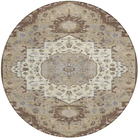 8' Chocolate Beige And Gray Round Oriental Washable Indoor Outdoor Area Rug Photo 2