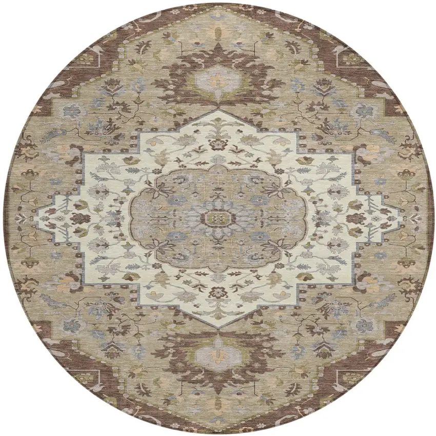 8' Chocolate Beige And Gray Round Oriental Washable Indoor Outdoor Area Rug Photo 2
