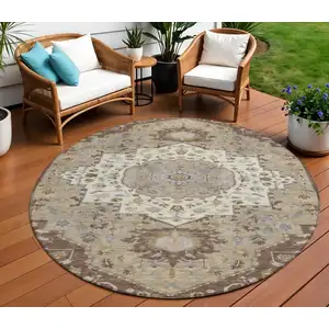 Photo of 8' Chocolate Beige And Gray Round Oriental Washable Indoor Outdoor Area Rug