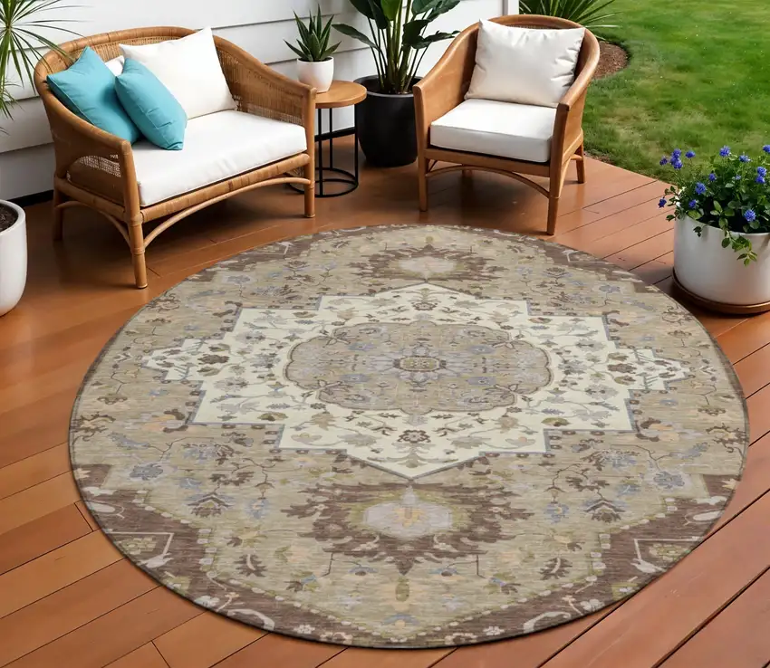 8' Chocolate Beige And Gray Round Oriental Washable Indoor Outdoor Area Rug Photo 1