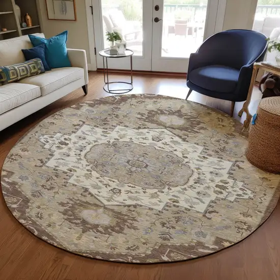 8' Chocolate Beige And Gray Round Oriental Washable Indoor Outdoor Area Rug Photo 8