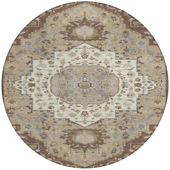 8' Chocolate Beige And Gray Round Oriental Washable Indoor Outdoor Area Rug Photo 6