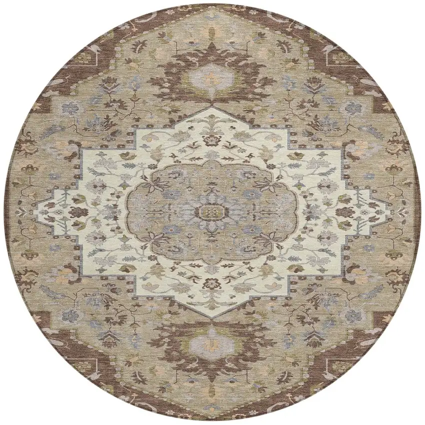 8' Chocolate Beige And Gray Round Oriental Washable Indoor Outdoor Area Rug Photo 6