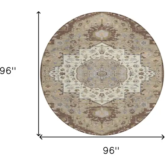 8' Chocolate Beige And Gray Round Oriental Washable Indoor Outdoor Area Rug Photo 3