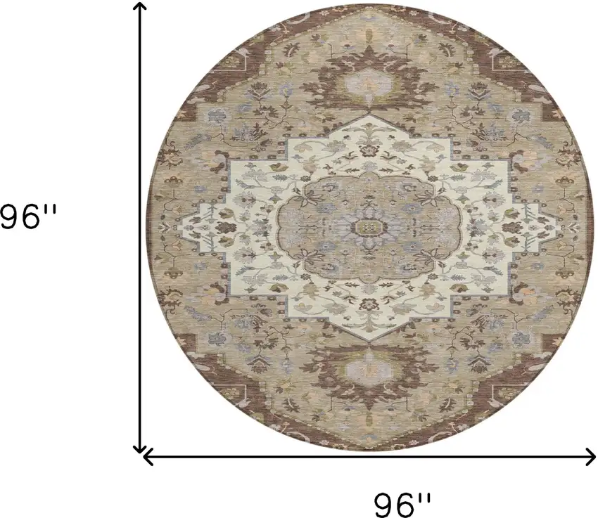 8' Chocolate Beige And Gray Round Oriental Washable Indoor Outdoor Area Rug Photo 3