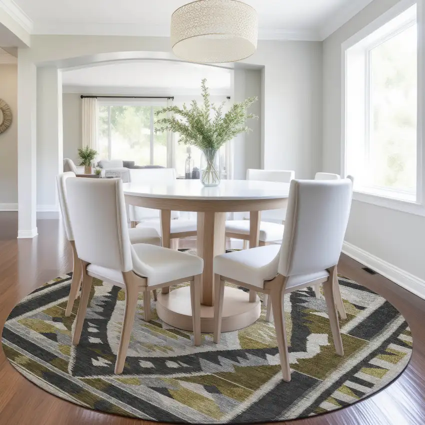 8' Chocolate Beige And Gray Round Tribal Washable Indoor Outdoor Area Rug Photo 6