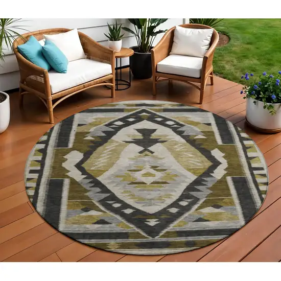 8' Chocolate Beige And Gray Round Tribal Washable Indoor Outdoor Area Rug Photo 2