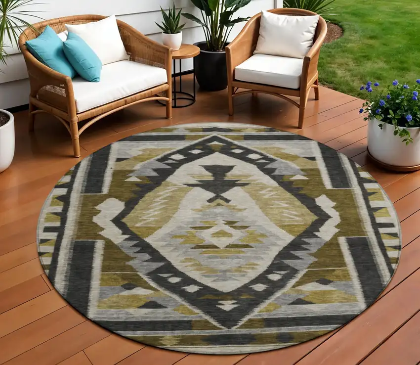 8' Chocolate Beige And Gray Round Tribal Washable Indoor Outdoor Area Rug Photo 2