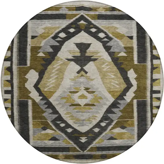 8' Chocolate Beige And Gray Round Tribal Washable Indoor Outdoor Area Rug Photo 1