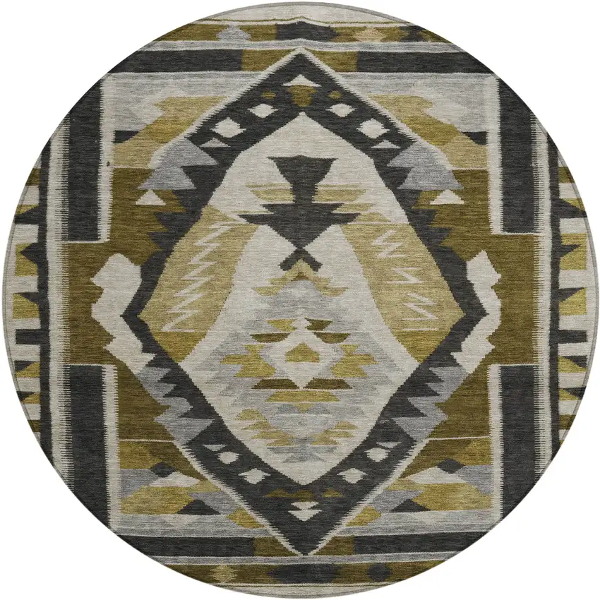8' Chocolate Beige And Gray Round Tribal Washable Indoor Outdoor Area Rug Photo 1