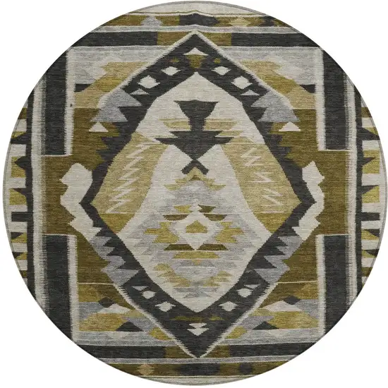 8' Chocolate Beige And Gray Round Tribal Washable Indoor Outdoor Area Rug Photo 3
