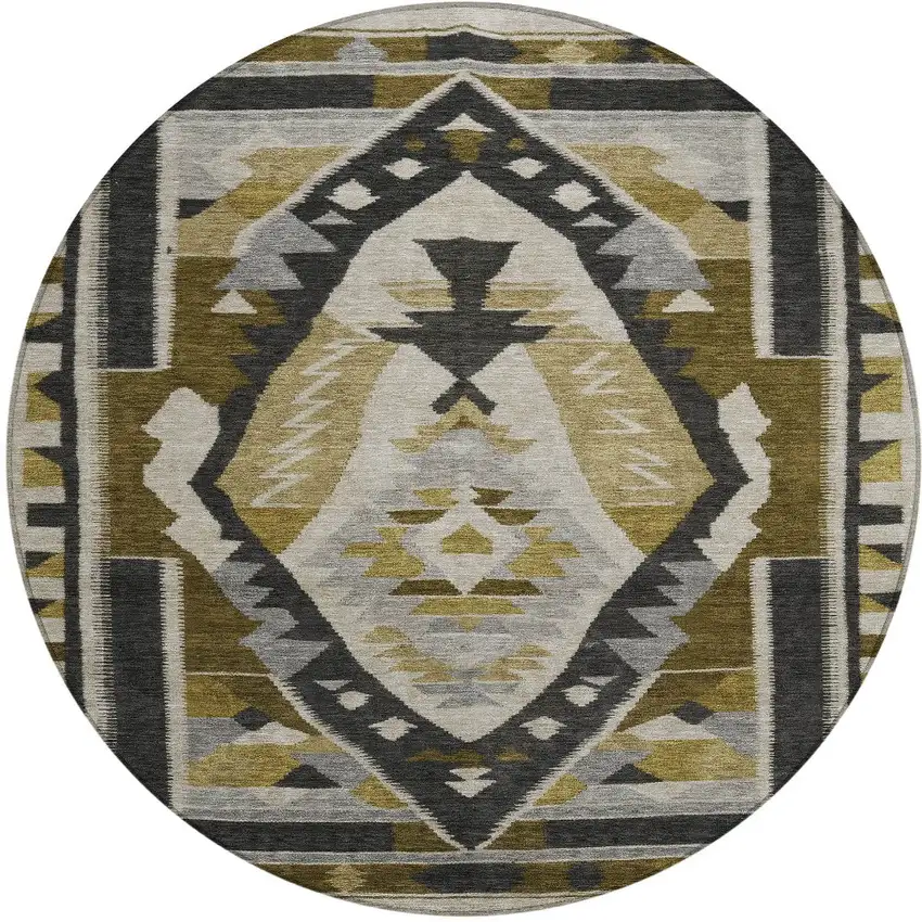 8' Chocolate Beige And Gray Round Tribal Washable Indoor Outdoor Area Rug Photo 3