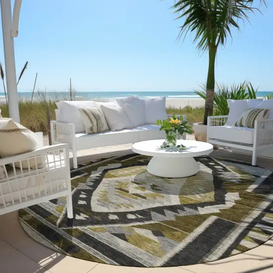 8' Chocolate Beige And Gray Round Tribal Washable Indoor Outdoor Area Rug Photo 5