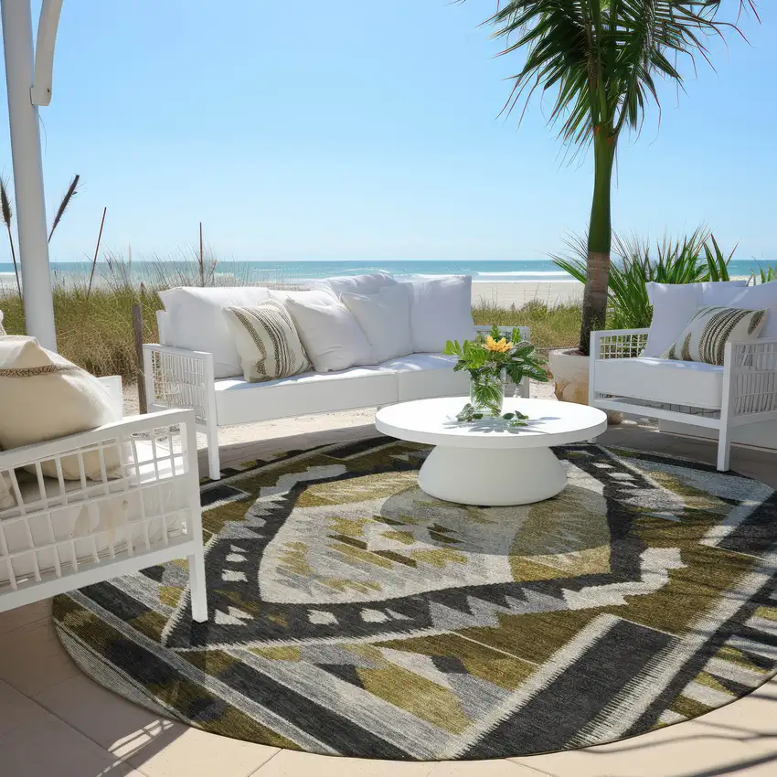 8' Chocolate Beige And Gray Round Tribal Washable Indoor Outdoor Area Rug Photo 5