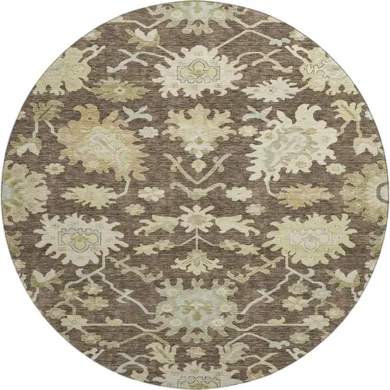 8' Chocolate Beige And Ivory Floral Medallion Washable Round Rug With UV Protection Photo 1