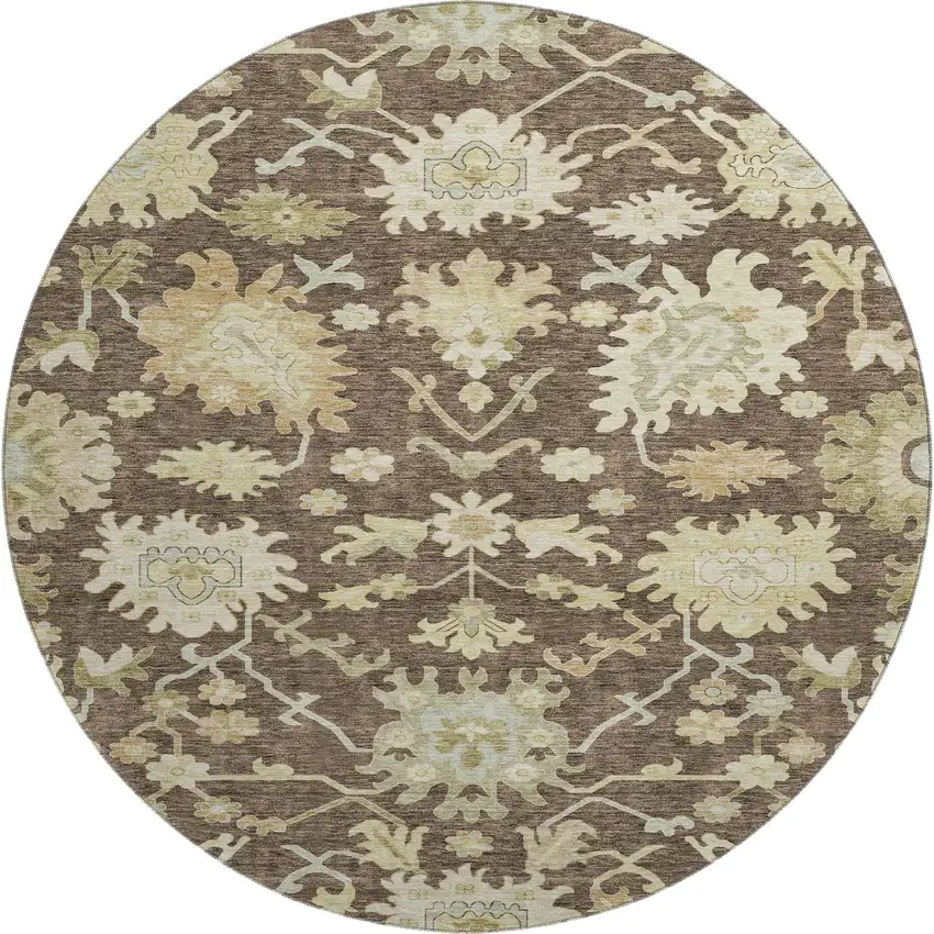 8' Chocolate Beige And Ivory Floral Medallion Washable Round Rug With UV Protection Photo 1