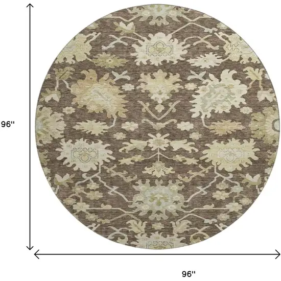 8' Chocolate Beige And Ivory Floral Medallion Washable Round Rug With UV Protection Photo 9