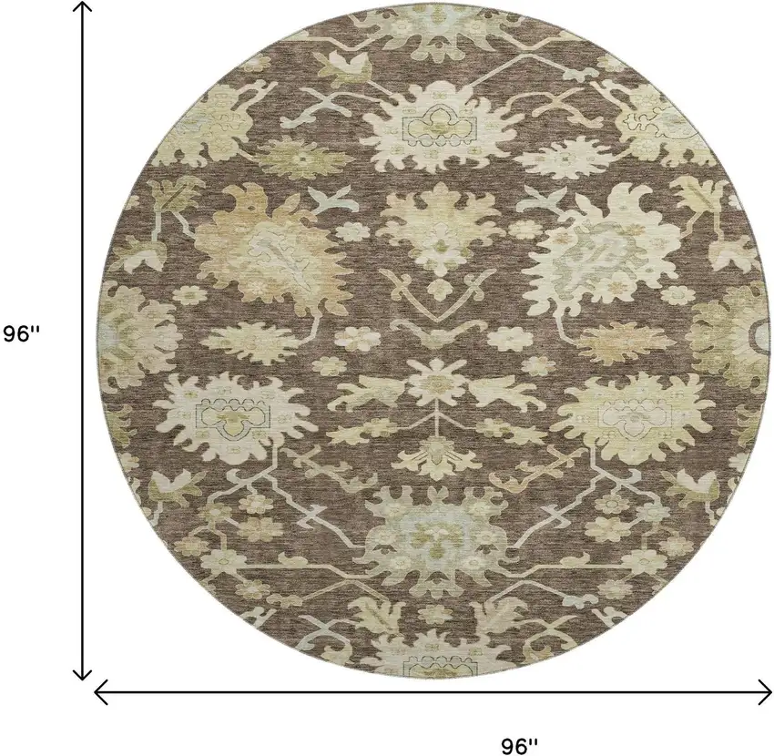 8' Chocolate Beige And Ivory Floral Medallion Washable Round Rug With UV Protection Photo 9