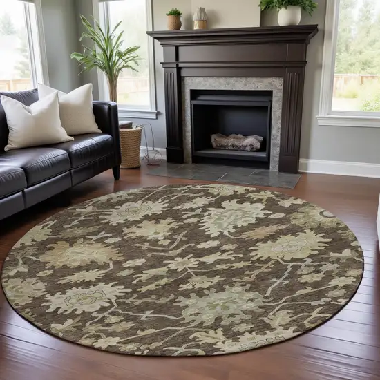 8' Chocolate Beige And Ivory Floral Medallion Washable Round Rug With UV Protection Photo 4