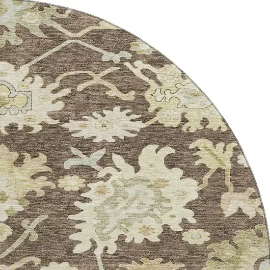 8' Chocolate Beige And Ivory Floral Medallion Washable Round Rug With UV Protection Photo 2
