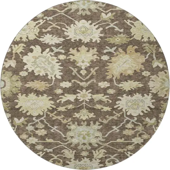8' Chocolate Beige And Ivory Floral Medallion Washable Round Rug With UV Protection Photo 3