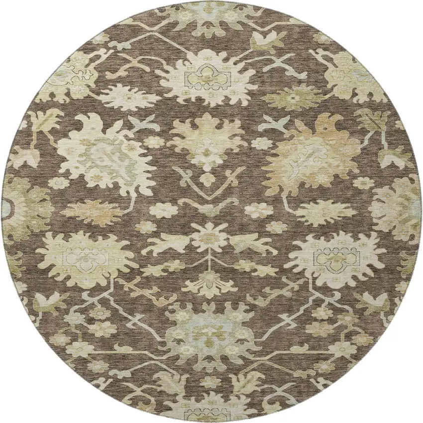 8' Chocolate Beige And Ivory Floral Medallion Washable Round Rug With UV Protection Photo 3