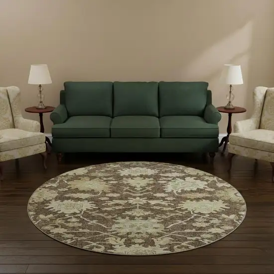 8' Chocolate Beige And Ivory Floral Medallion Washable Round Rug With UV Protection Photo 2