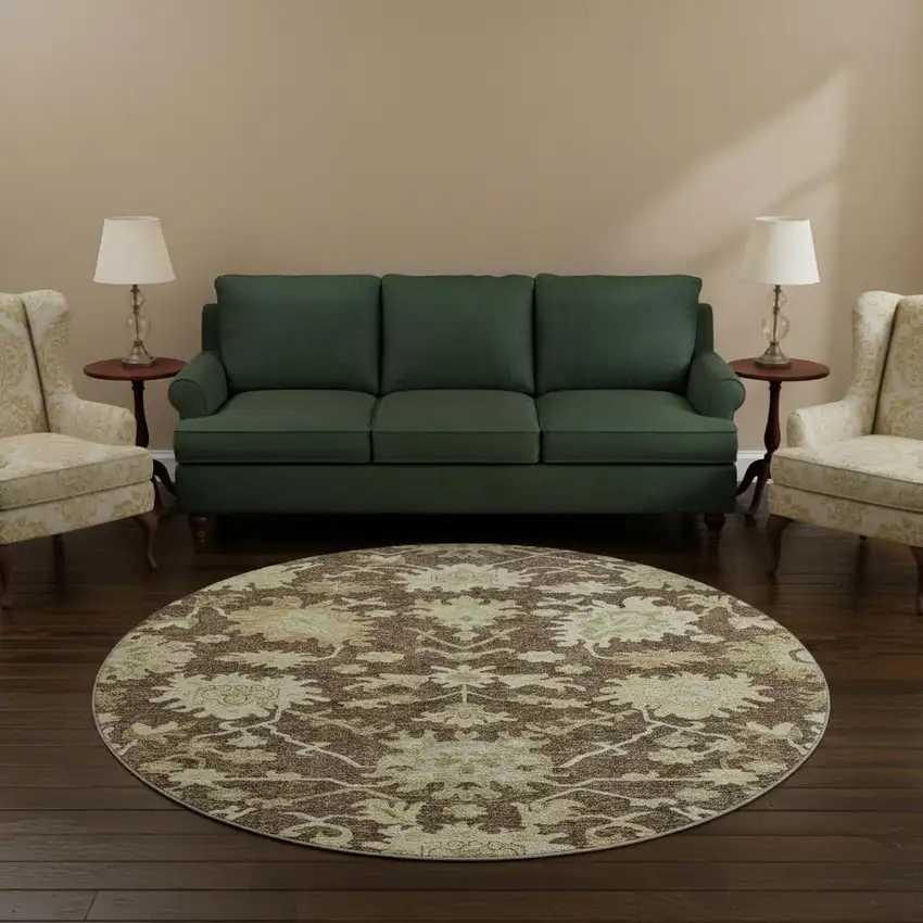 8' Chocolate Beige And Ivory Floral Medallion Washable Round Rug With UV Protection Photo 2