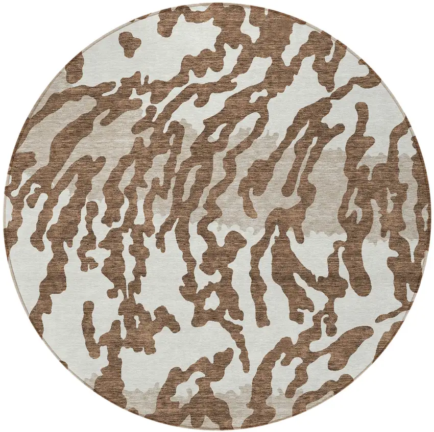 8' Chocolate Beige And Ivory Round Animal Print Washable Indoor Outdoor Area Rug Photo 5
