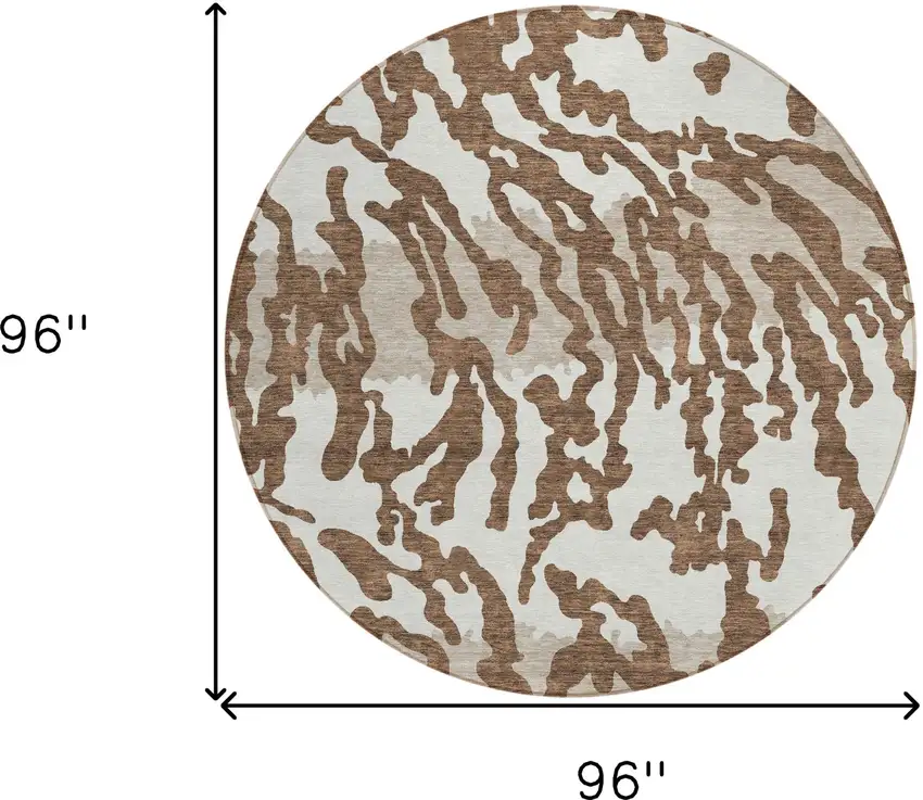 8' Chocolate Beige And Ivory Round Animal Print Washable Indoor Outdoor Area Rug Photo 3