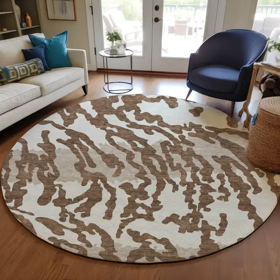 8' Chocolate Beige And Ivory Round Animal Print Washable Indoor Outdoor Area Rug Photo 7