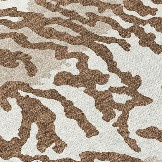 8' Chocolate Beige And Ivory Round Animal Print Washable Indoor Outdoor Area Rug Photo 8