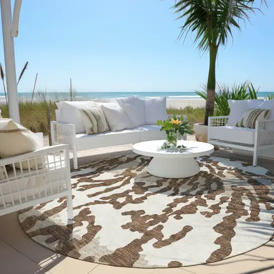 8' Chocolate Beige And Ivory Round Animal Print Washable Indoor Outdoor Area Rug Photo 6