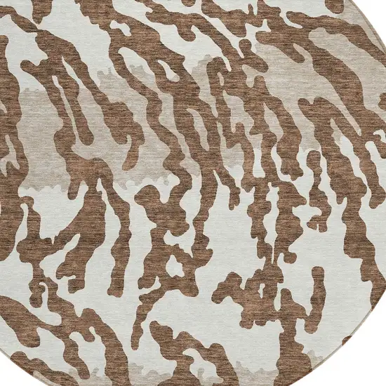 8' Chocolate Beige And Ivory Round Animal Print Washable Indoor Outdoor Area Rug Photo 4